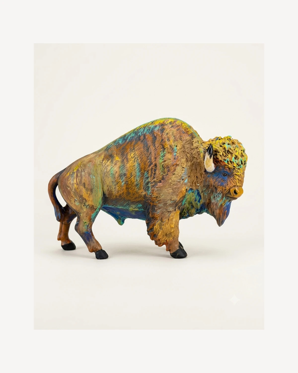 Figura decorativa de búfalo multicolor en marmolina pintada a mano, vista principal.